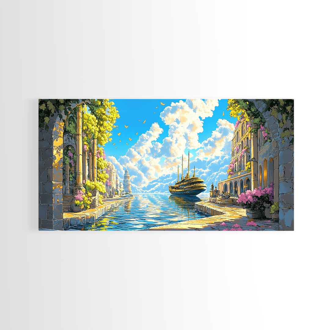 Sunlit Mediterranean Canal And Flowered Stone City Wall Art, Coastal Italy Canvas Print For Living Room Decor And Beach House Decor