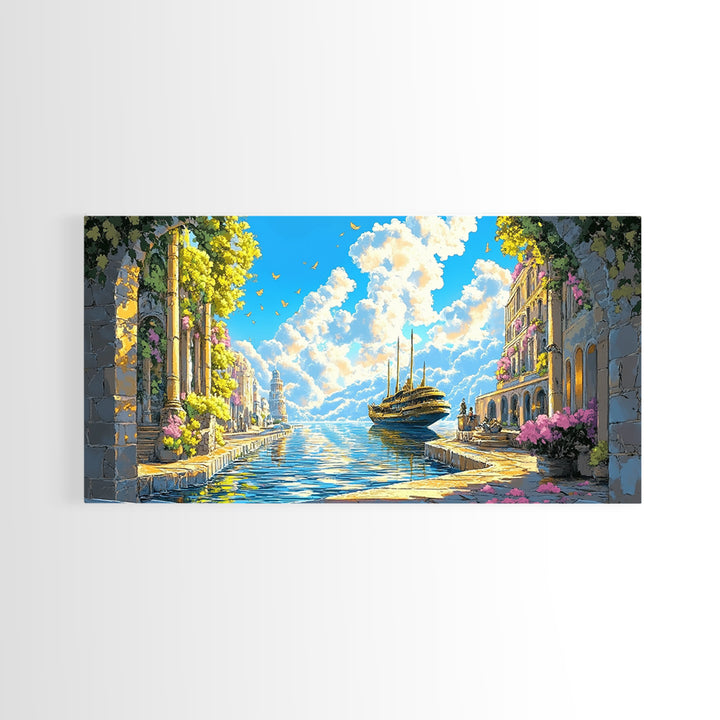 Sunlit Mediterranean Canal And Flowered Stone City Wall Art, Coastal Italy Canvas Print For Living Room Decor And Beach House Decor