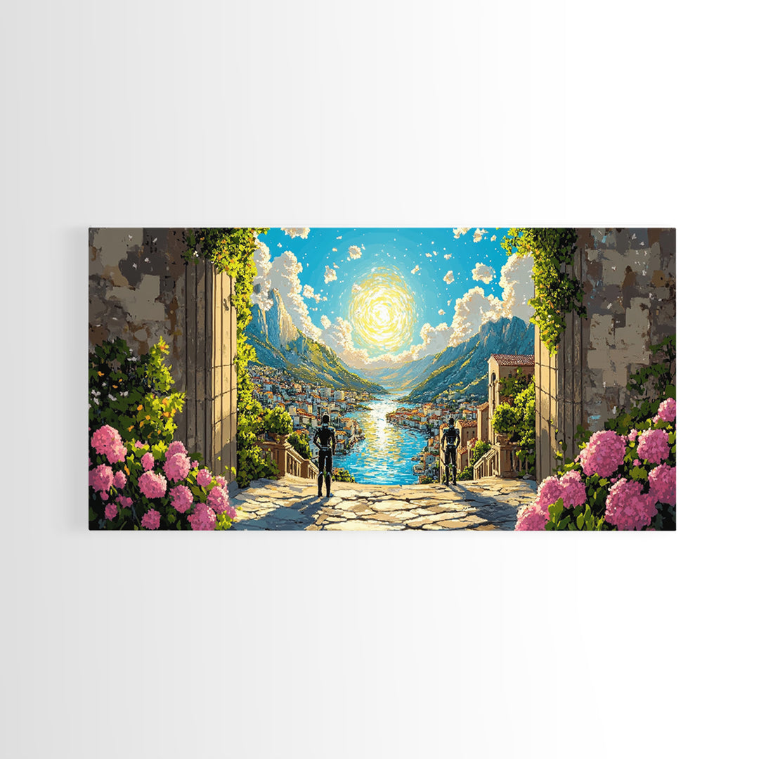 Radiant Alpine Lake Como Village Through Stone Arch Wall Art, Italian Landscape Print For Elegant Home Decor And Travel Lover Gift