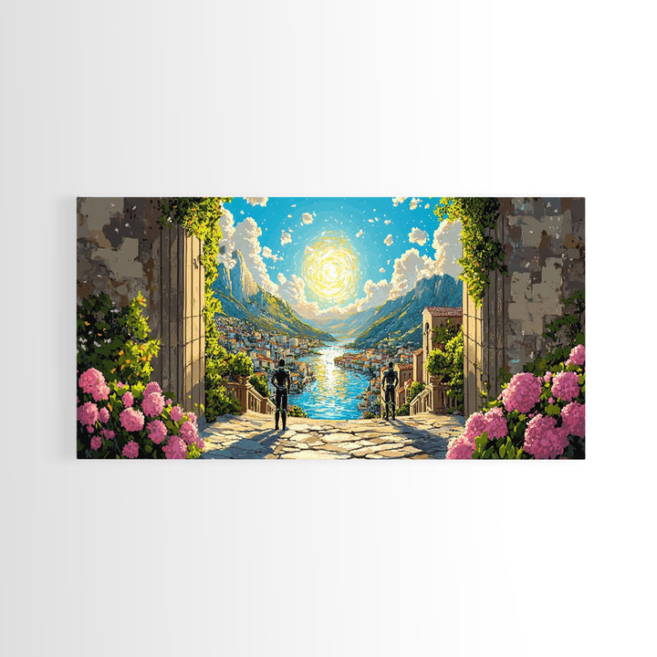 Radiant Alpine Lake Como Village Through Stone Arch Wall Art, Italian Landscape Print For Elegant Home Decor And Travel Lover Gift