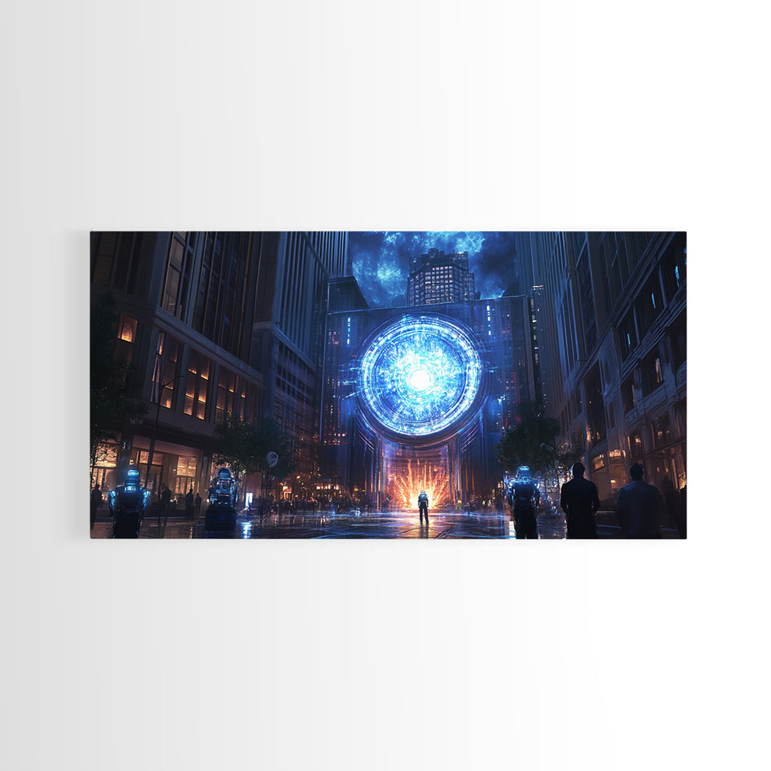 Blue Cosmic Portal Over Dark City Street Framed Canvas Print, Sci Fi Wall Art For Gaming Room Decor And Modern Cyberpunk Decor
