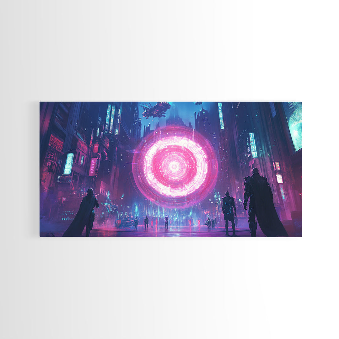 Neon Pink Portal In Rainy Cyberpunk Megacity Canvas Print, Futuristic Wall Art For Gaming Room Decor And Sci Fi Gift For Him