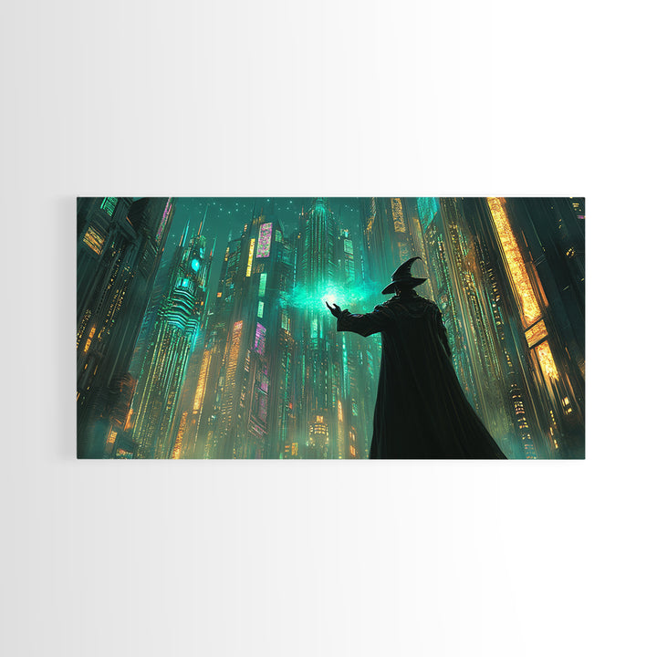 Wizard Casting Green Light In Futuristic Neon City Framed Canvas Print, Cyberpunk Wall Art For Sci Fi Office Decor And Gaming Room