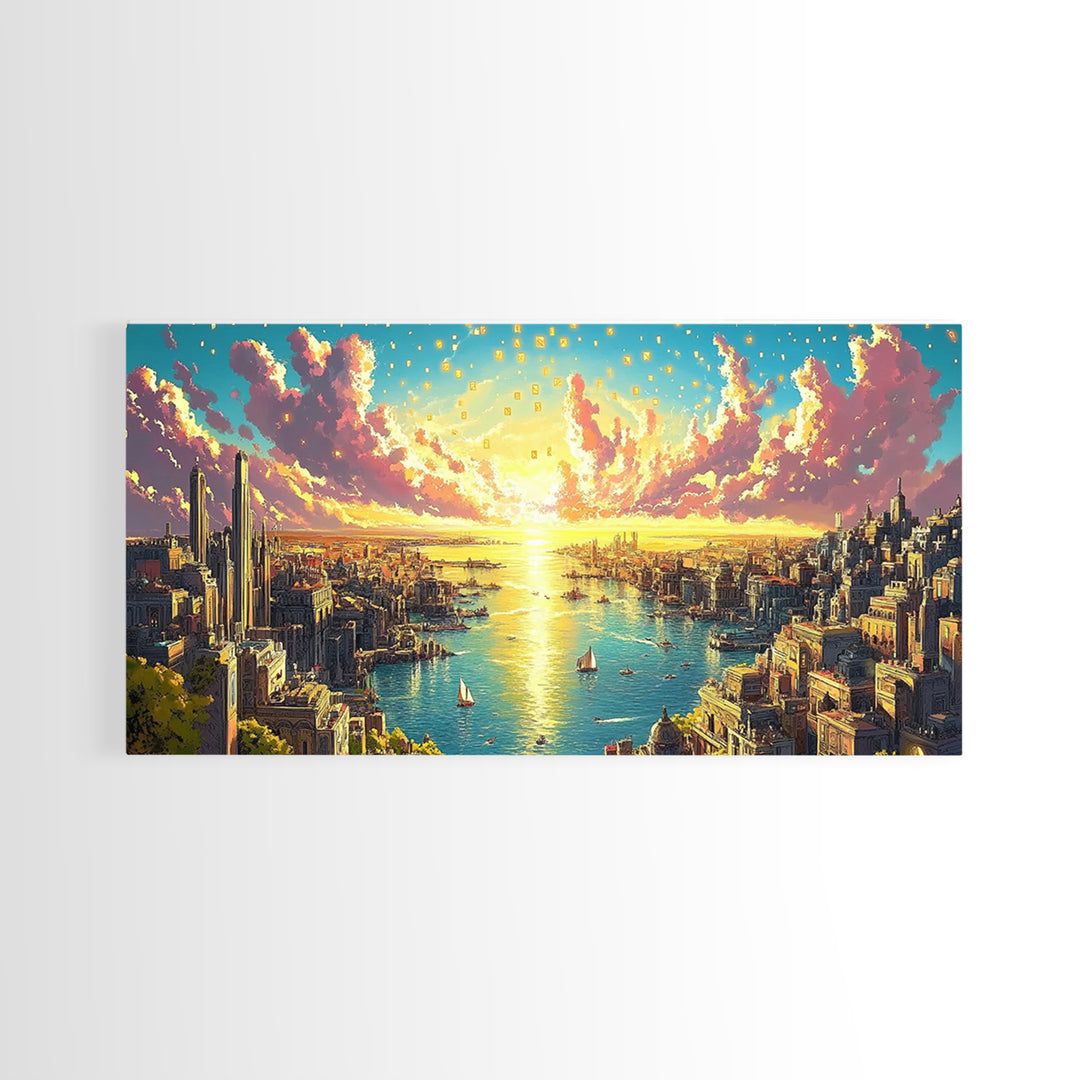 Panoramic Golden Harbor City At Sunrise Wall Art, Futuristic Coastal Canvas Print For Living Room Decor And Large Horizontal Art