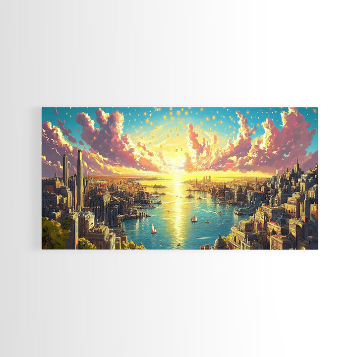 Panoramic Golden Harbor City At Sunrise Wall Art, Futuristic Coastal Canvas Print For Living Room Decor And Large Horizontal Art