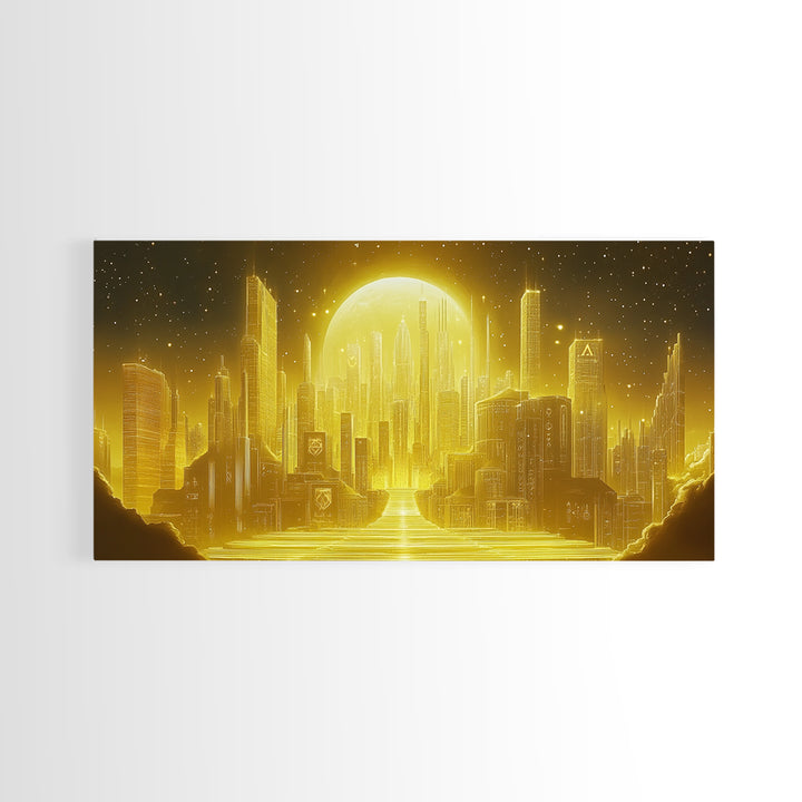 Golden Moon Over Futuristic Skyline And River Wall Art, Celestial City Canvas Print For Modern Office Decor And Sci Fi Home Decor