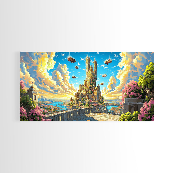 Sunlit Floating Castle City Canvas Print, Fantasy Wall Art, Dreamy Landscape Decor For Large Living Room, Whimsical Sky Kingdom Art