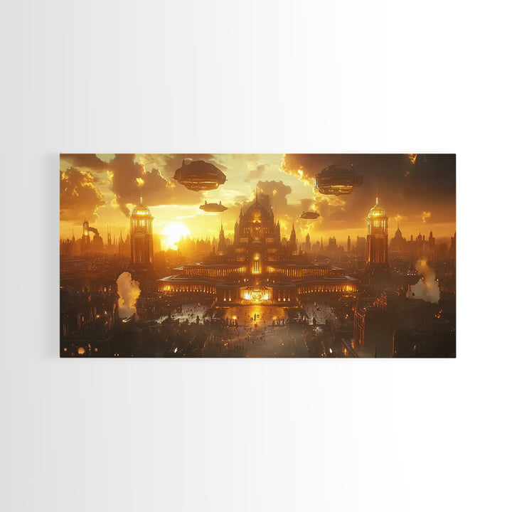 Golden Steampunk Palace Skyline Framed Canvas Print, Fantasy Wall Art, Futuristic Cityscape For Moody Office Decor And Living Room Decor