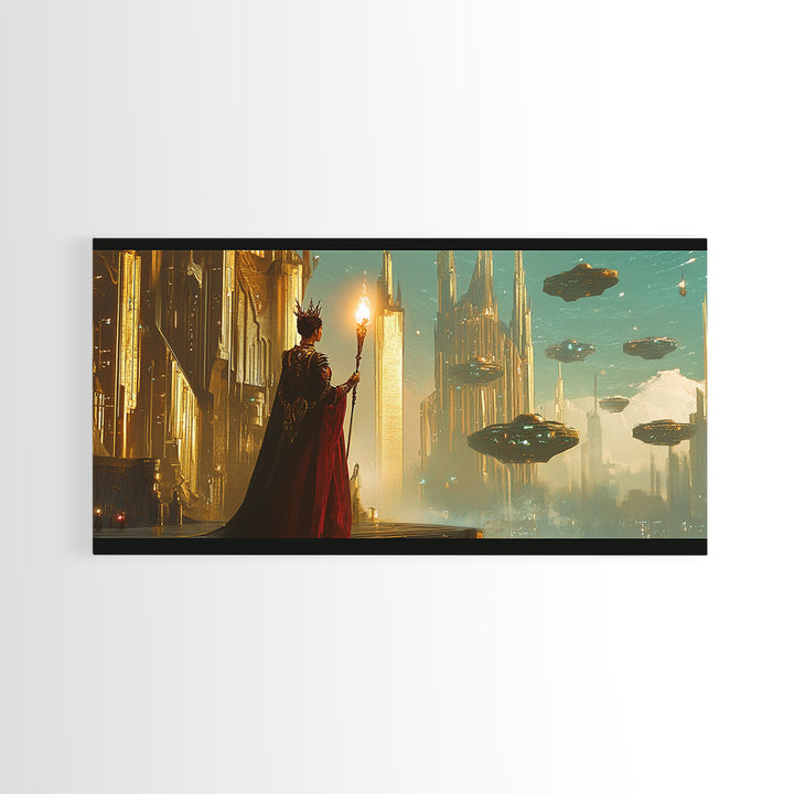 Cloaked Mage With Torch Canvas Print, Fantasy Wall Art, Futuristic Cityscape, Dark Academia Office Decor, Sci Fi Art, Gift For Him
