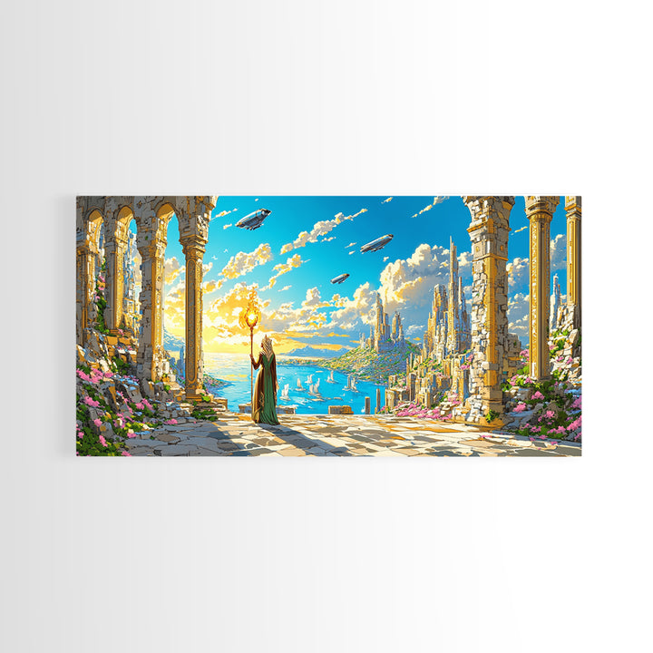 Ancient Ruins Over Ocean Canvas Print, Fantasy Wall Art, Coastal Sky Kingdom Landscape, Whimsical Living Room Decor And Office Art