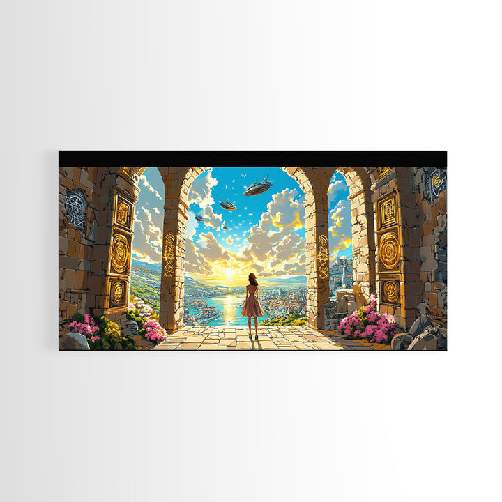 Girl At Golden Archway Canvas Print, Fantasy Wall Art, Magical City View, Whimsical Bedroom Decor And Nursery Wall Art Print