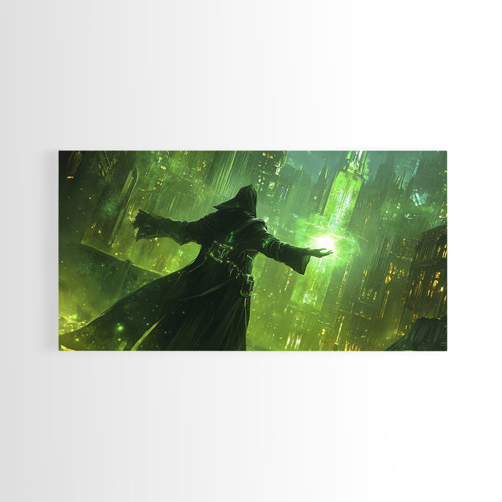 Emerald Dark Sorcerer Canvas Print, Fantasy Wall Art, Green Sci Fi Cityscape, Gothic Office Decor And Gaming Room Art For Him