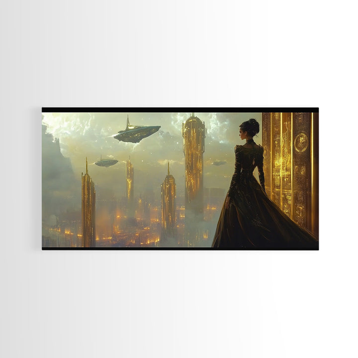 Elegant Woman Over Golden City Framed Canvas Print, Fantasy Wall Art, Futuristic Skyline Decor, Dark Feminine Office Art