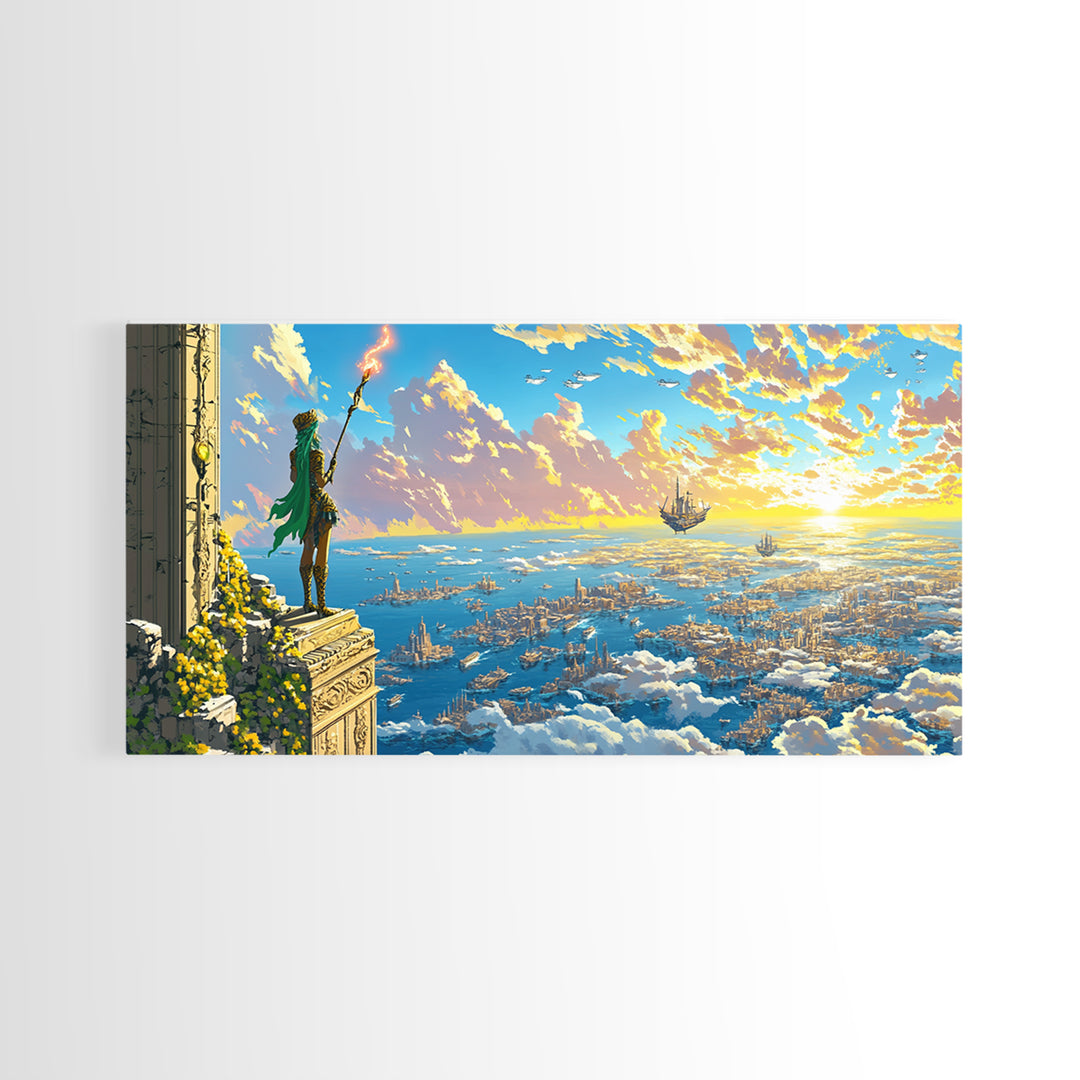 Green Robed Mage Above Cloud City Canvas Print, Fantasy Wall Art, Ocean Sky Landscape, Magical Coastal Living Room Decor
