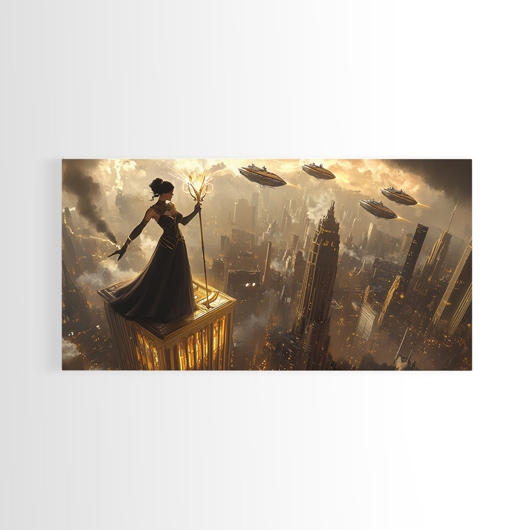 Dark Sorceress On Skyscraper Canvas Print, Fantasy Wall Art, Golden Dystopian City, Gothic Office Decor And Sci Fi Art For Him
