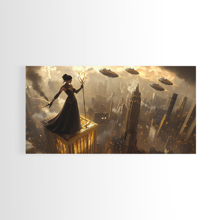 Dark Sorceress On Skyscraper Canvas Print, Fantasy Wall Art, Golden Dystopian City, Gothic Office Decor And Sci Fi Art For Him