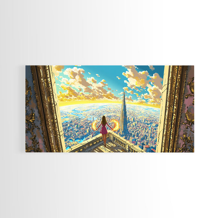 Girl With Fiery Wings Canvas Print, Fantasy Wall Art, Bright Futuristic Cityscape, Magical Bedroom Decor And Heroine Art