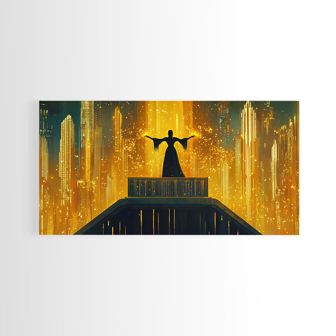Golden Futuristic City Silhouette Canvas Print, Sci Fi Wall Art, Cyberpunk Skyline Decor, Neon Fantasy Living Room Art Poster