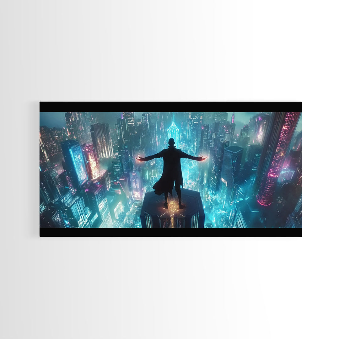 Neon Cyberpunk Skyline Framed Canvas Print, Futuristic City Wall Art, Sci Fi Gamer Room Decor And Dystopian Poster Prints