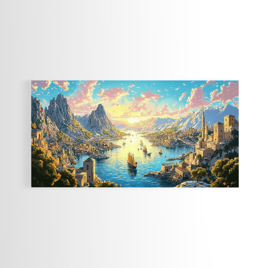 Mediterranean Mountain Harbor Canvas Print, Fantasy Seascape Wall Art, Coastal Village Decor For Living Room And Office Decor