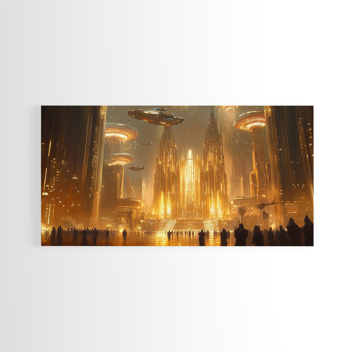 Golden Alien Metropolis Canvas Print, Sci Fi Futuristic City Wall Art, Ufo Fantasy Skyline Decor For Gamer Room And Office