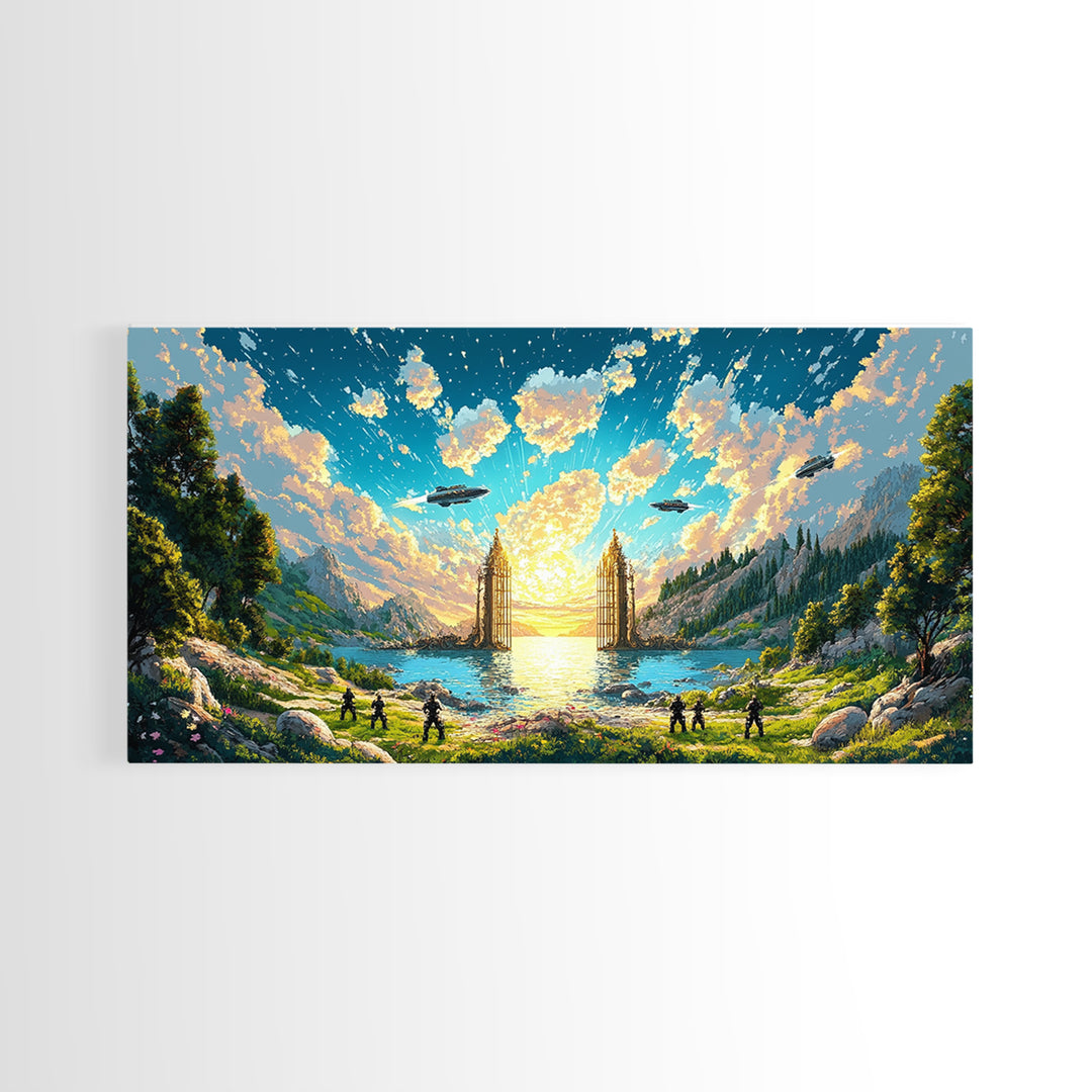 Fantasy Valley Portal Canvas Print, Epic Mountain Lake Wall Art, Adventure Landscape Decor For Kids Room And Gamer Room Poster