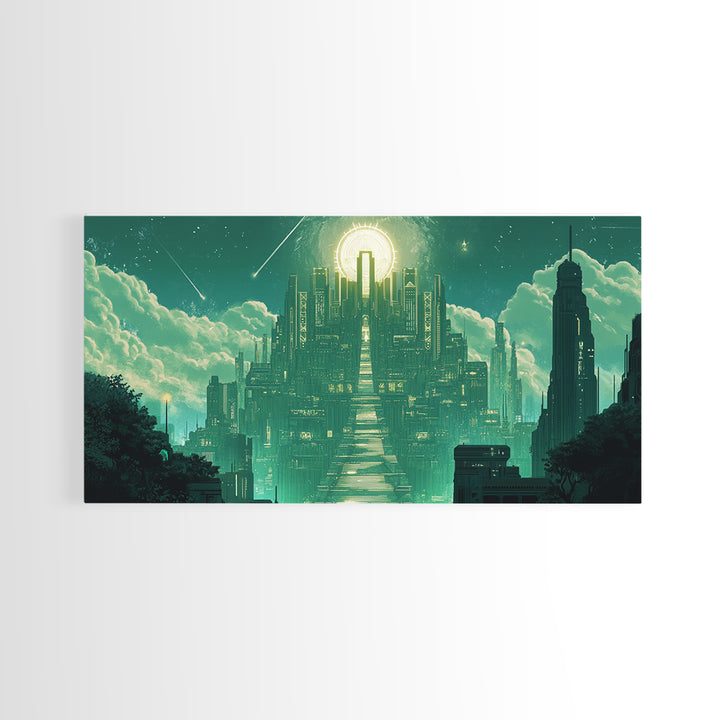 Emerald Celestial Temple Wall Art, Mystical Green City Canvas Print, Sci Fi Fantasy Decor For Meditation Room And Office