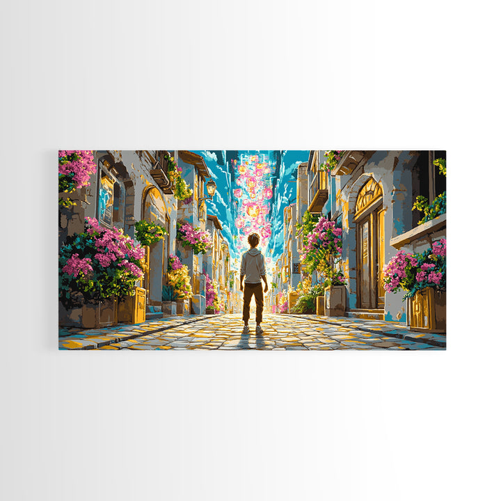 Vibrant Flowered Cobblestone Alley Wall Art, Fantasy Cityscape Canvas, Colorful Travel Poster, Living Room Wall Decor Print