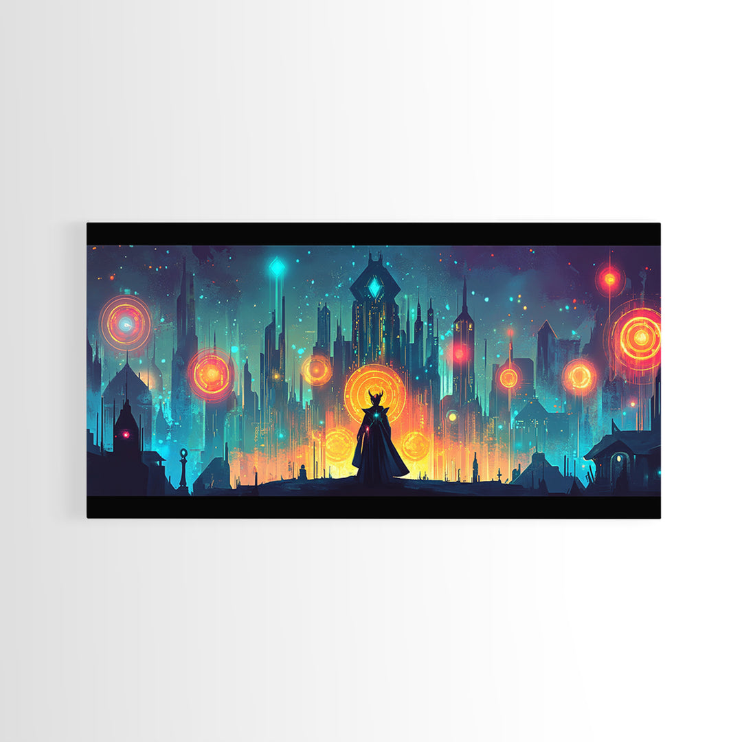 Cloaked Sorceress In Neon Skyline Wall Art, Cyberpunk Fantasy Canvas, Mystical Cityscape, Modern Sci Fi Gamer Room Decor Print