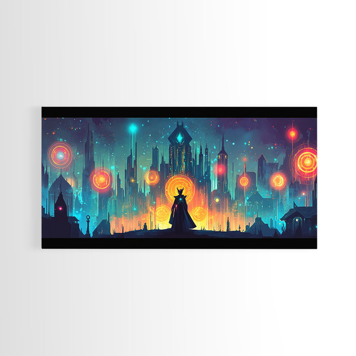 Cloaked Sorceress In Neon Skyline Wall Art, Cyberpunk Fantasy Canvas, Mystical Cityscape, Modern Sci Fi Gamer Room Decor Print