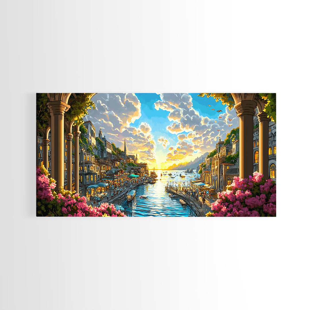 Sunlit Coastal Canal Harbor Wall Art, Mediterranean Cityscape Canvas, Seaside Landscape Print, Elegant Living Room Decor