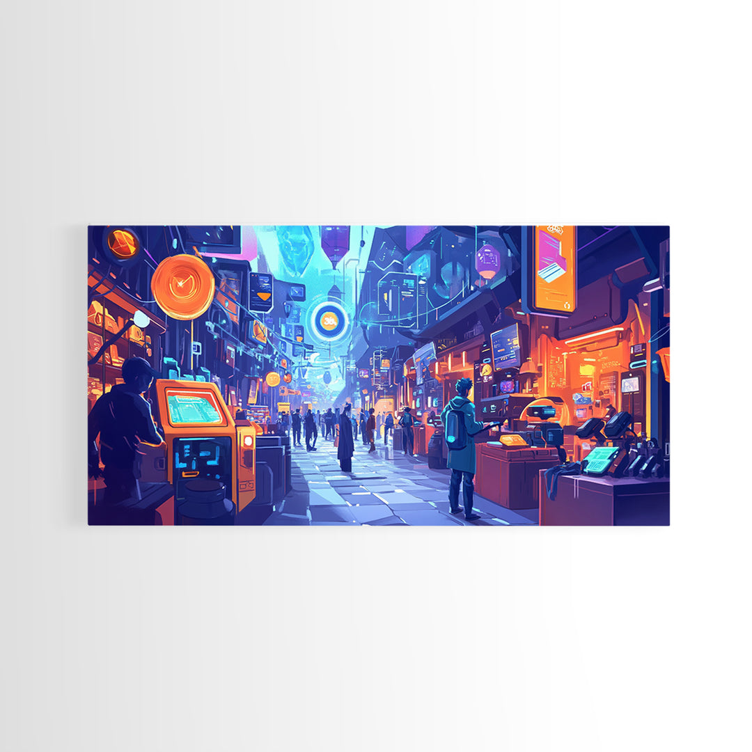Neon Cyberpunk Market Arcade Wall Art, Futuristic City Canvas Print, Modern Gamer Room Decor, Sci Fi Urban Street Poster