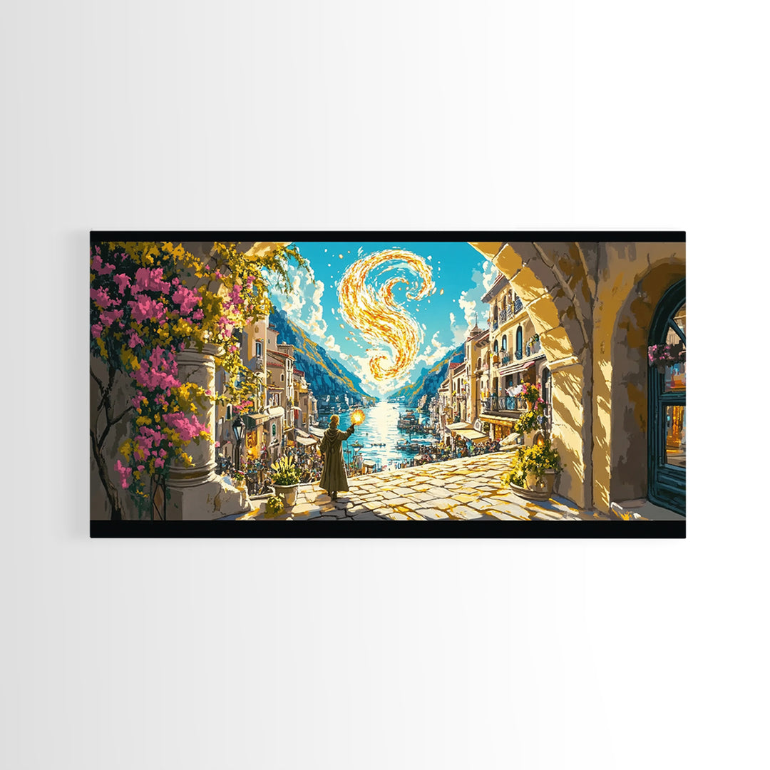 Golden Swirl Over Coastal Village Wall Art, Amalfi Inspired Canvas Print, Mediterranean Travel Poster, Magical Home Decor