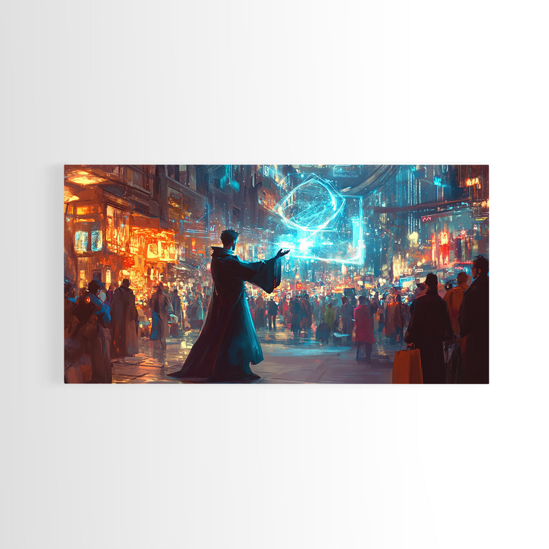 Wizard Casting Hologram In Neon City Wall Art, Cyberpunk Fantasy Canvas Print, Sci Fi Poster, Futuristic Modern Office Decor