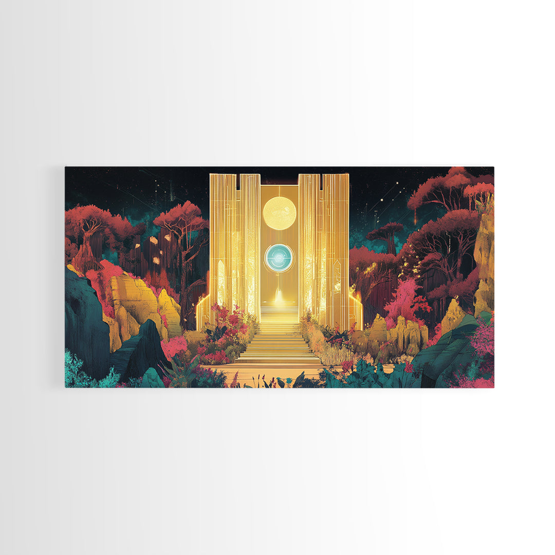 Golden Portal Temple In Alien Garden Wall Art, Celestial Fantasy Canvas Print, Mystical Landscape, Statement Art Home Decor
