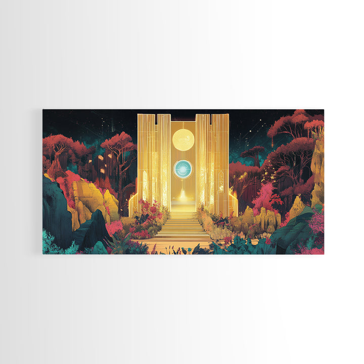 Golden Portal Temple In Alien Garden Wall Art, Celestial Fantasy Canvas Print, Mystical Landscape, Statement Art Home Decor