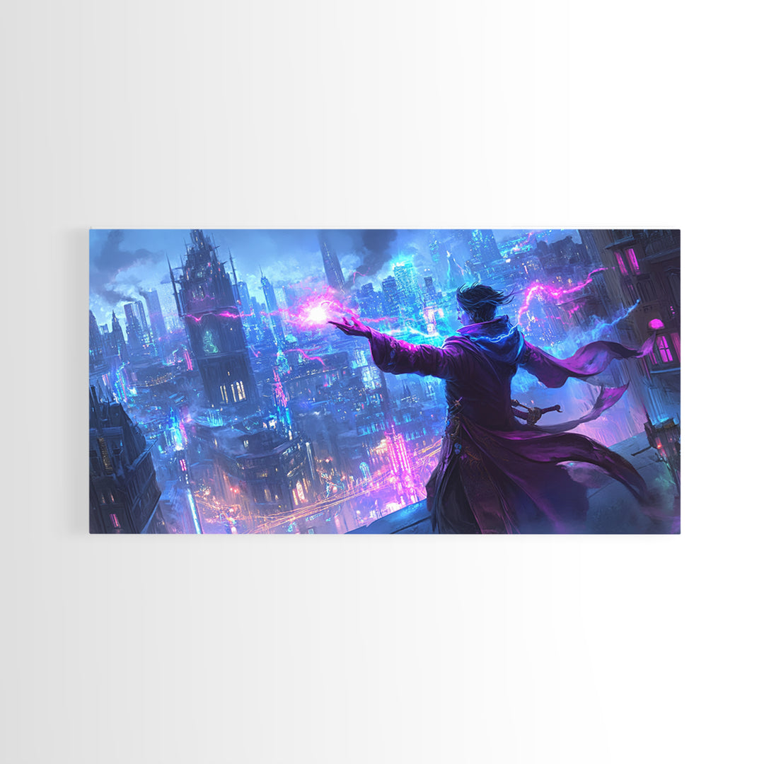 Mage Casting Neon Lightning Over City Wall Art, Cyberpunk Fantasy Canvas Print, Futuristic Skyline, Sci Fi Gamer Room Decor