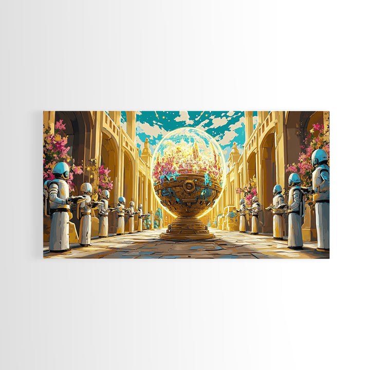 Golden Orb Palace With Futuristic Guards Wall Art, Sci Fi Fantasy Canvas Print, Maximalist Cityscape, Unique Art Home Decor