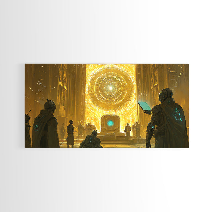 Radiant Cosmic Portal Hall With Astronauts Wall Art, Golden Sci Fi Canvas Print, Futuristic Temple, Celestial Statement Home Decor