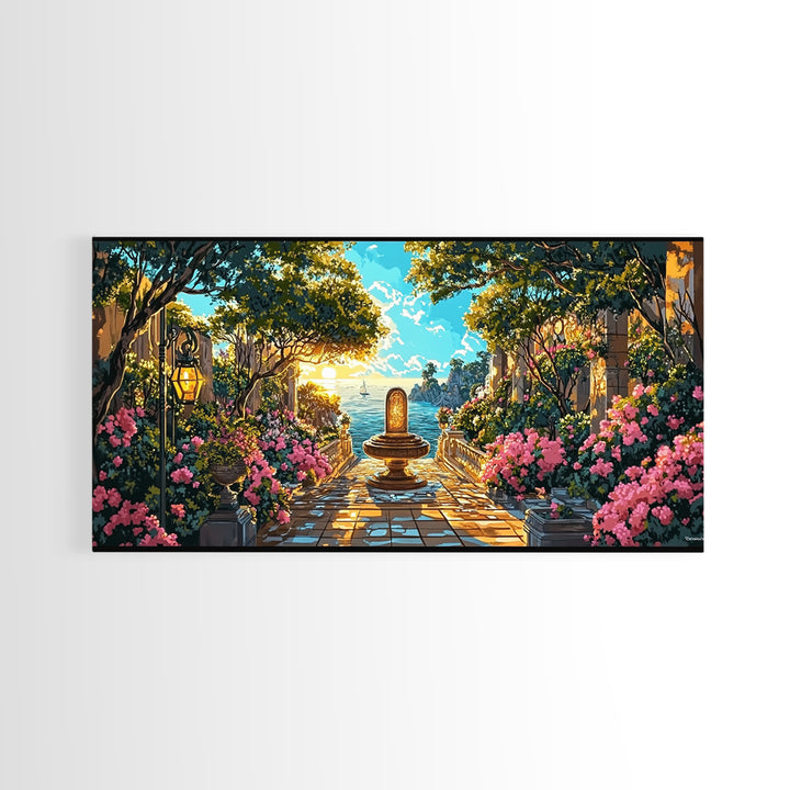 Sunlit Mediterranean Garden Fountain Canvas Print, Coastal Wall Art, Fantasy Landscape Art, Living Room Decor, Housewarming Gift