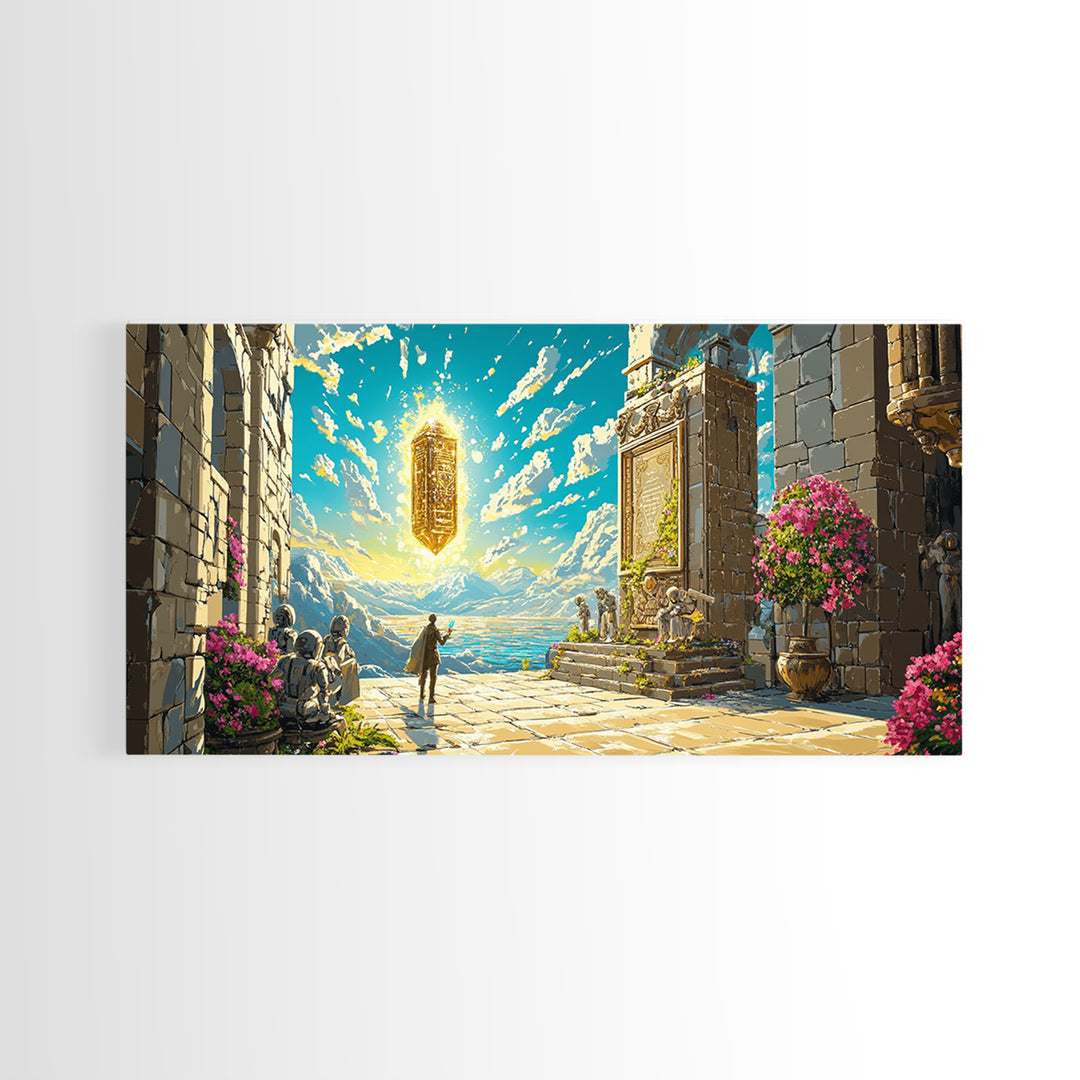 Ancient Seaside Temple Portal Framed Canvas Print, Fantasy Wall Art, Mountain Landscape Art, Living Room Decor, Unique Gift