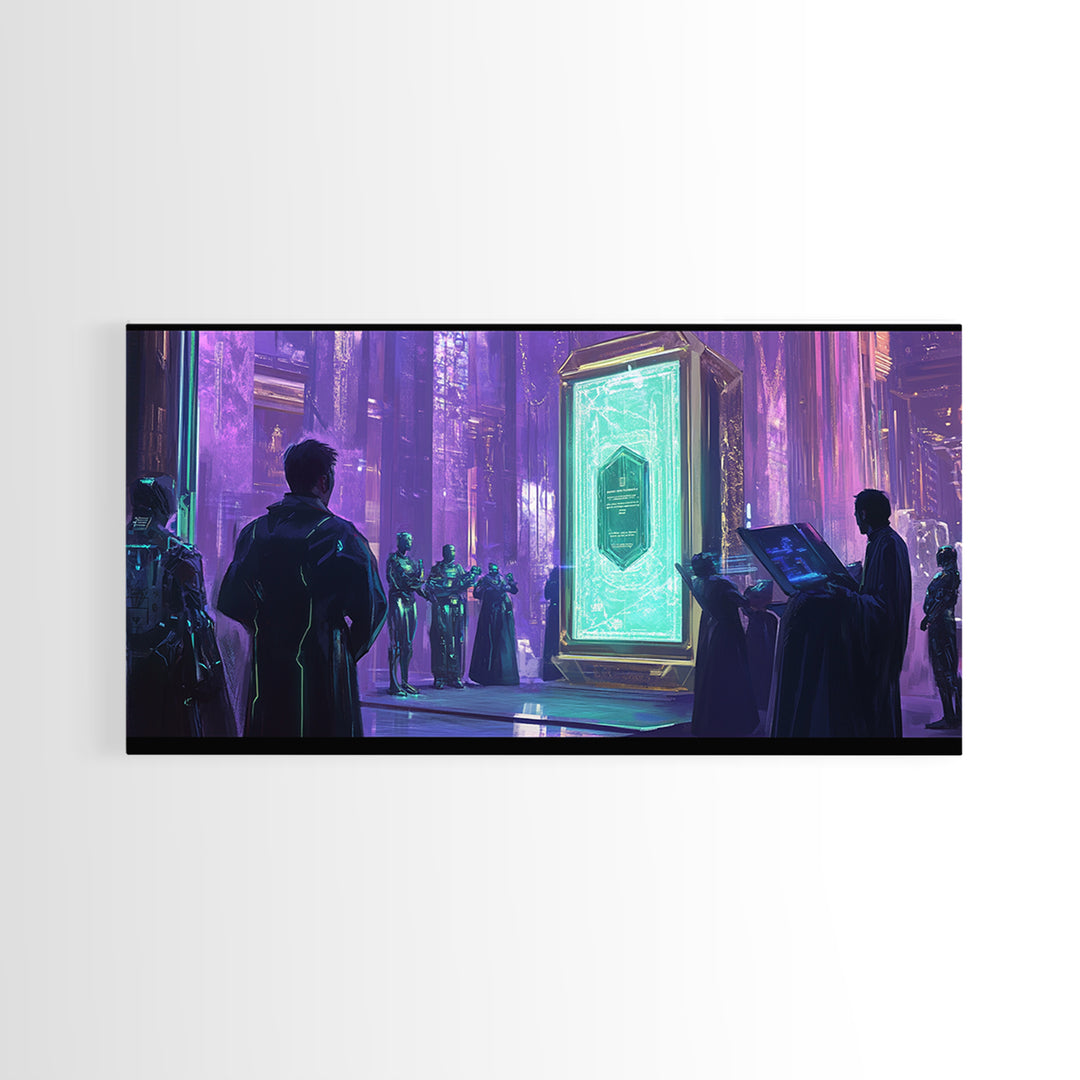 Purple Futuristic Monolith Ceremony Canvas Print, Cyberpunk Wall Art, Sci Fi Decor, Modern Office Art, Statement Artwork Gift