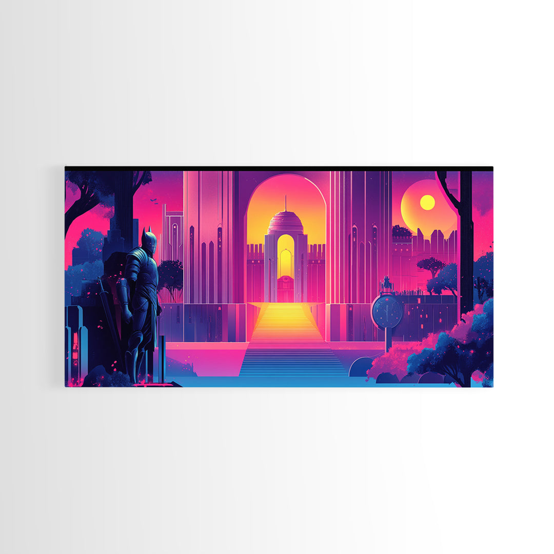 Neon Magenta Palace Guardian Canvas Print, Retro Futuristic Wall Art, Cyberpunk Decor, Gaming Room Art, Modern Gift For Him