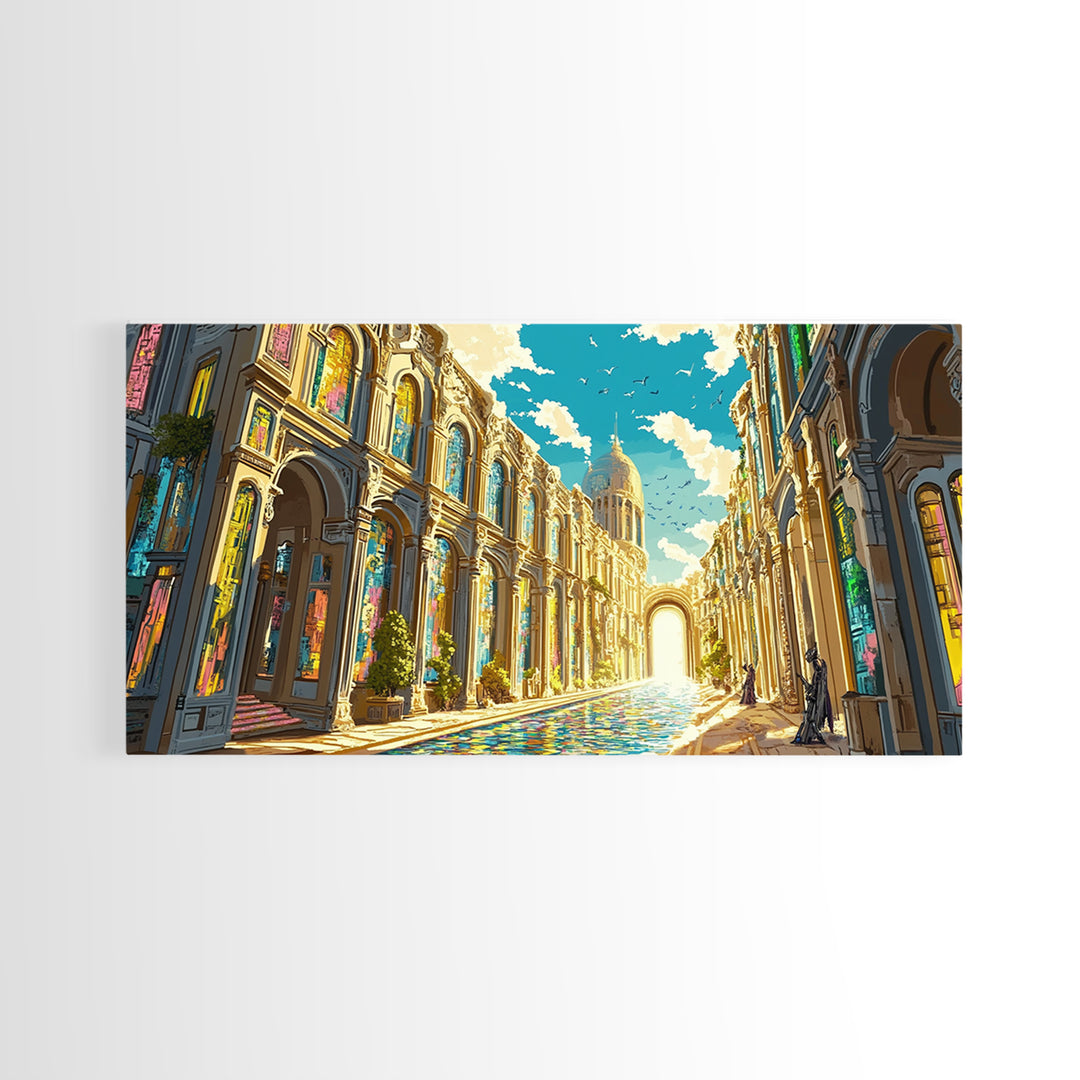 Ornate Sunlit Palace Canal Framed Canvas Print, European Wall Art, Fantasy Architecture Art, Living Room Decor, Large Wall Art