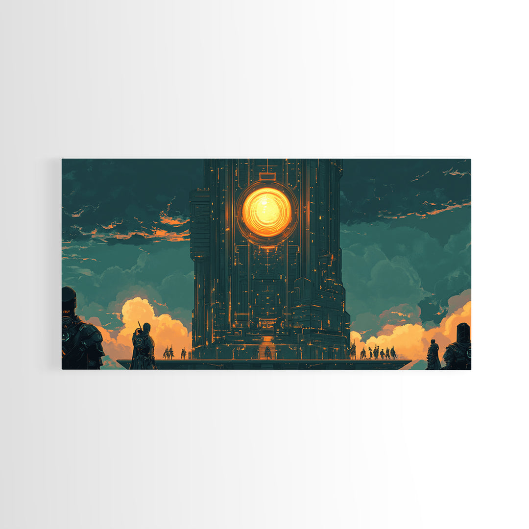 Dark Monolithic Sun Portal Framed Canvas Print, Sci Fi Wall Art, Futuristic Decor, Moody Office Art, Masculine Wall Decor