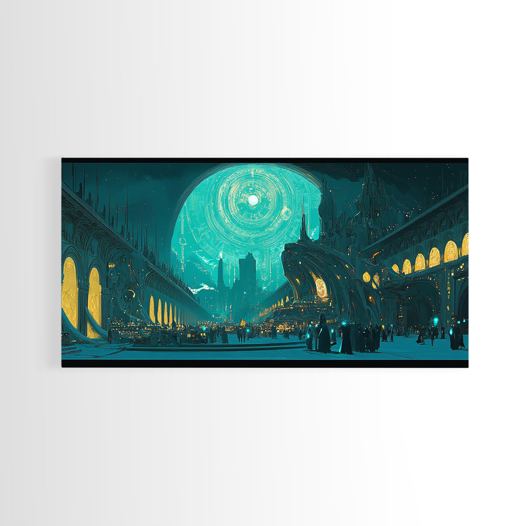 Teal Gothic Moonlit City Canvas Print, Sci Fi Wall Art, Celestial Decor, Futuristic Living Room Decor, Statement Artwork Gift