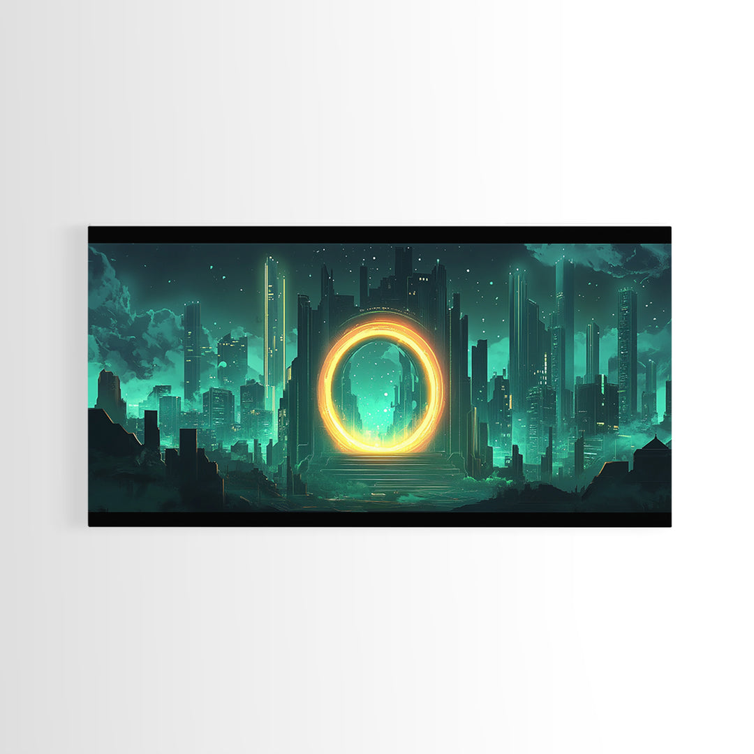 Emerald Futuristic City Ring Portal Canvas Print, Sci Fi Wall Art, Cyberpunk Decor, Modern Office Decor, Statement Gift For Him