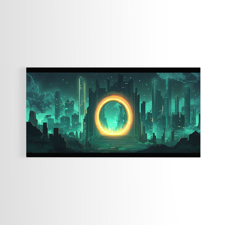 Emerald Futuristic City Ring Portal Canvas Print, Sci Fi Wall Art, Cyberpunk Decor, Modern Office Decor, Statement Gift For Him