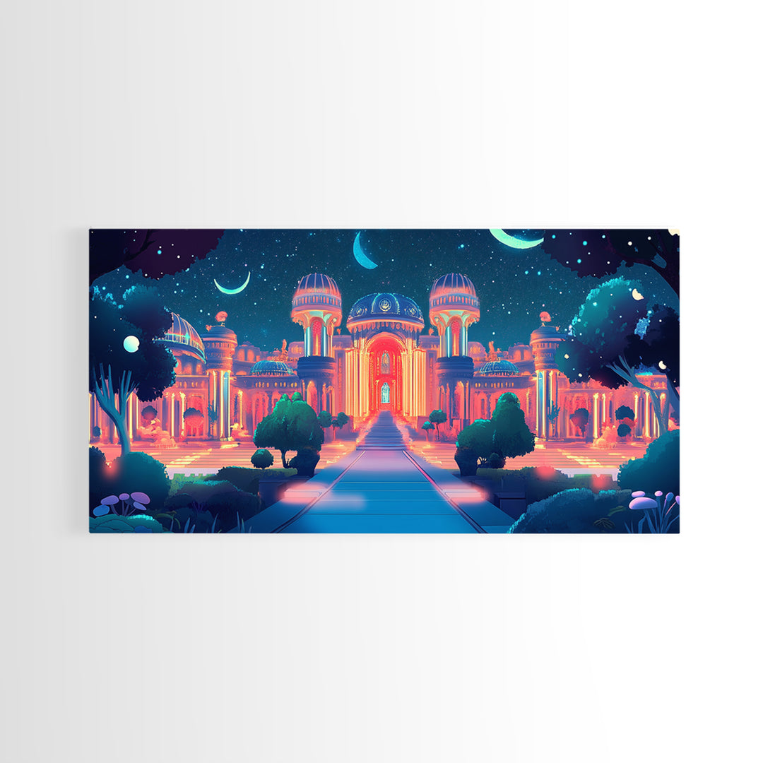 Neon Celestial Palace Under Crescent Moons Wall Art, Fantasy City Canvas Print, Maximalist Decor, Bedroom Wall Decor Gift