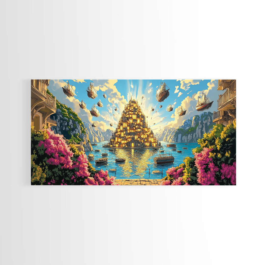 Golden Floating Island City Over Turquoise Sea Wall Art, Fantasy Landscape Canvas Print, Coastal Decor, Travel Poster Gift